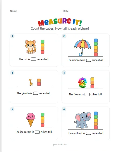 Measure it · Up to 5 cubes · 6 pictures · set 3 worksheet