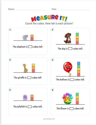 Measure it · Up to 5 cubes · 6 pictures · set 4 worksheet