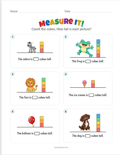 Measure it · Up to 5 cubes · 6 pictures worksheet