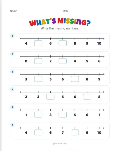 Missing numbers · To 10 · 2 missing · 6 rows worksheet