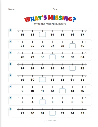 Missing numbers · To 100 · 1 missing · 8 rows worksheet