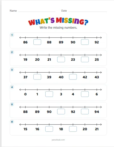 Missing numbers · To 100 · 2 missing · 6 rows worksheet