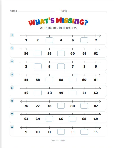 Missing numbers · To 100 · 2 missing · 8 rows worksheet