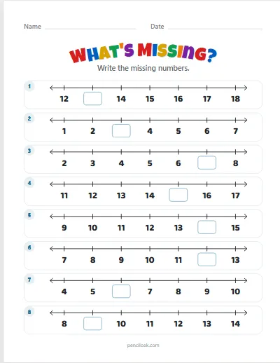 Missing numbers · To 20 · 1 missing · 8 rows worksheet