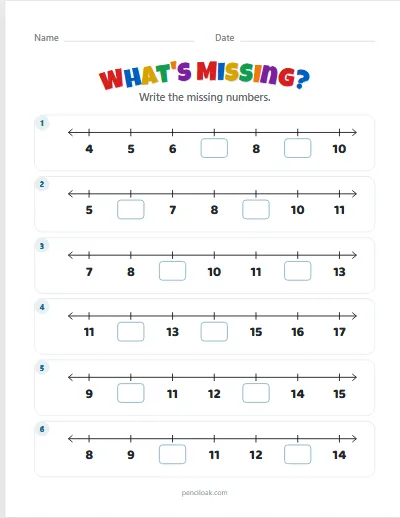 Missing numbers · To 20 · 2 missing · 6 rows worksheet