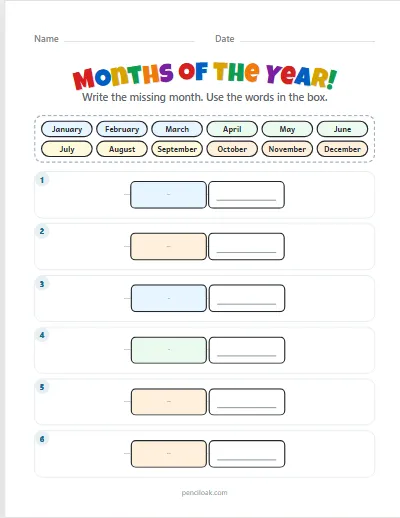 Months of the year · Before and after · 6 rows · set 2 worksheet