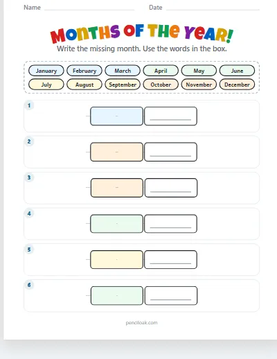 Months of the year · Before and after · 6 rows worksheet