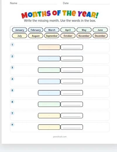 Months of the year · Before and after · 8 rows worksheet