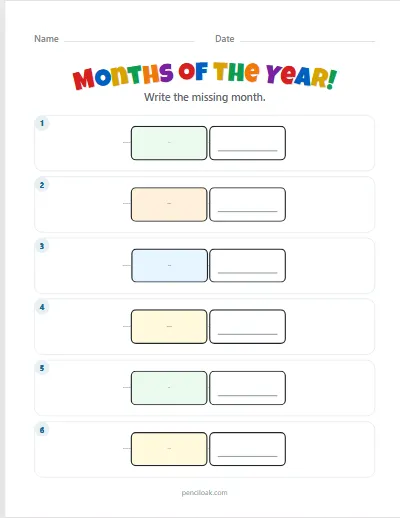 Months of the year · Before and after · No word box · 6 rows worksheet