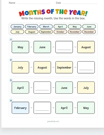 Months of the year · Missing month · 4 rows worksheet