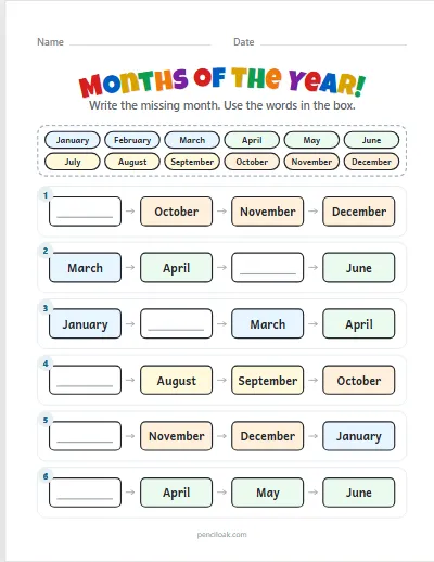 Months of the year · Missing month · 6 rows · set 2 worksheet