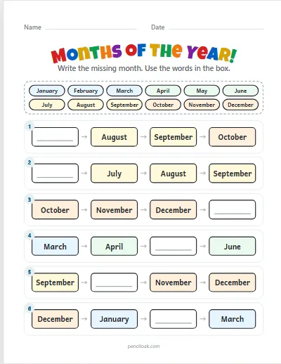 Months of the year · Missing month · 6 rows · set 3 worksheet