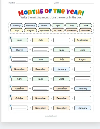 Months of the year · Missing month · 8 rows worksheet
