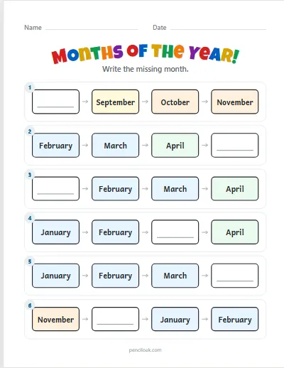 Months of the year · Missing month · No word box · 6 rows worksheet