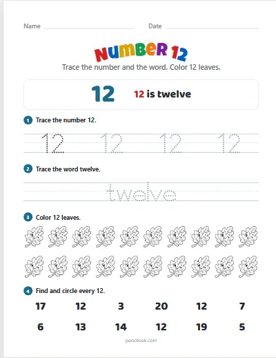 Number 12 worksheet