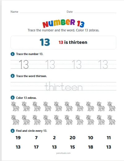 Number 13 worksheet