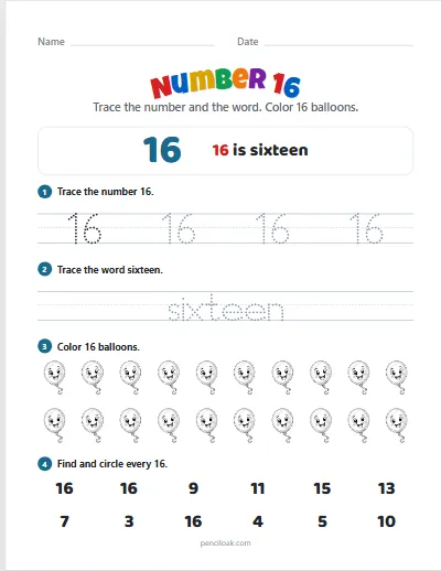 Number 16 worksheet