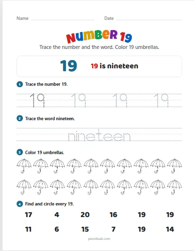 Number 19 worksheet