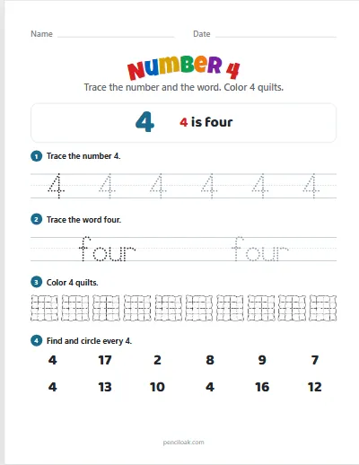 Number 4 worksheet