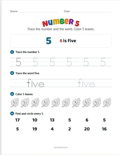 Number 5 worksheet
