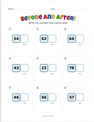 Number after · To 100 · 9 questions worksheet