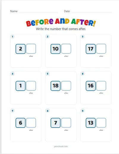 Number after · To 20 · 9 questions worksheet