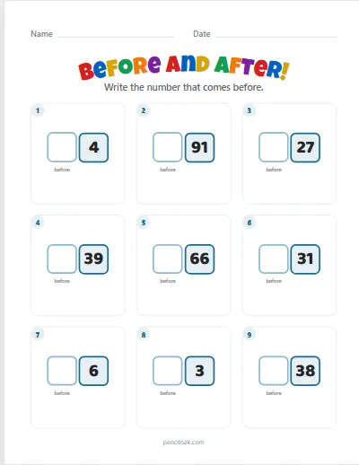 Number before · To 100 · 9 questions worksheet