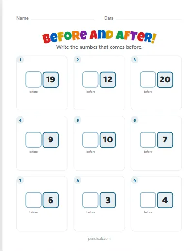 Number before · To 20 · 9 questions worksheet