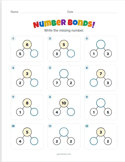 Number bonds · Mixed · To 10 · 12 questions worksheet