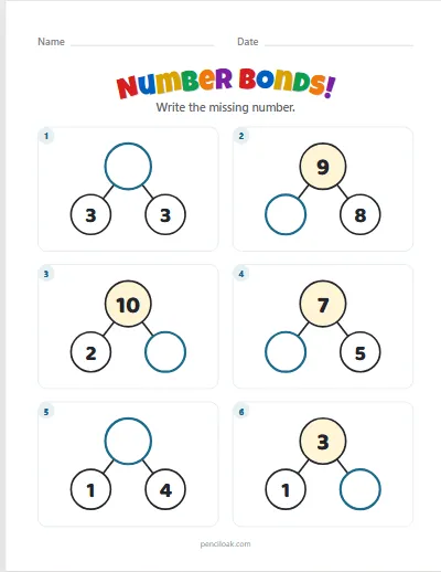 Number bonds · Mixed · To 10 · 6 questions worksheet
