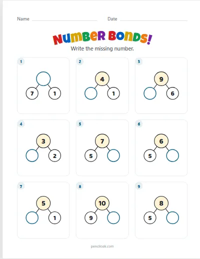 Number bonds · Mixed · To 10 · 9 questions worksheet