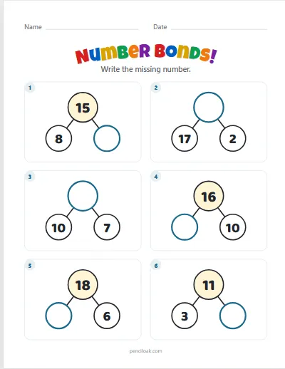 Number bonds · Mixed · To 20 · 6 questions worksheet