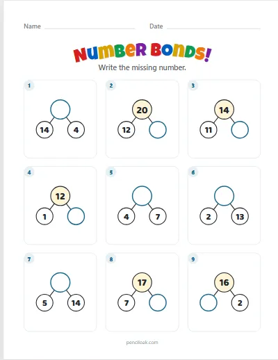 Number bonds · Mixed · To 20 · 9 questions worksheet