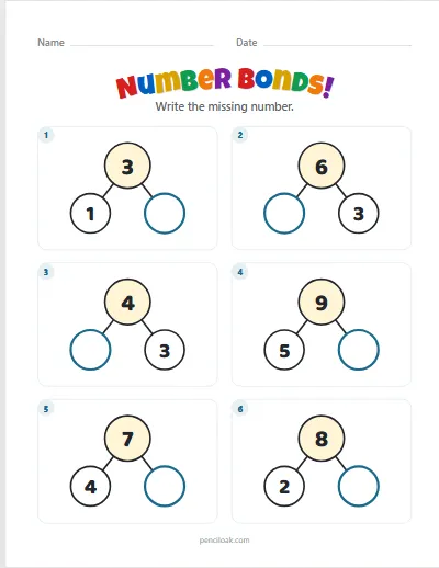 Number bonds · Find the part · To 10 · 6 questions worksheet