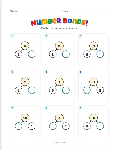 Number bonds · Find the part · To 10 · 9 questions worksheet