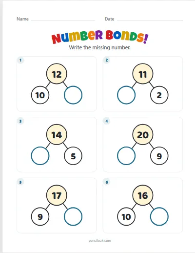 Number bonds · Find the part · To 20 · 6 questions worksheet