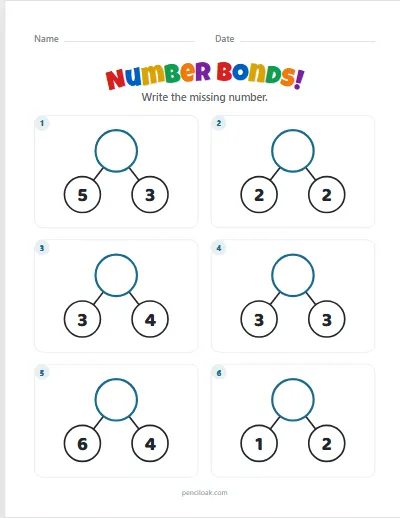 Number bonds · Find the whole · To 10 · 6 questions worksheet