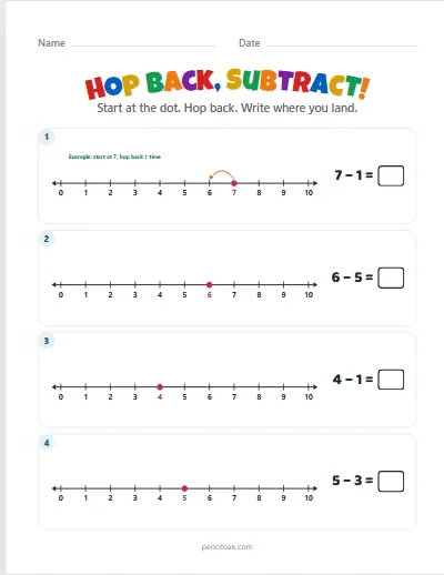 Hop back, subtract · Within 10 · 4 rows · set 2 worksheet