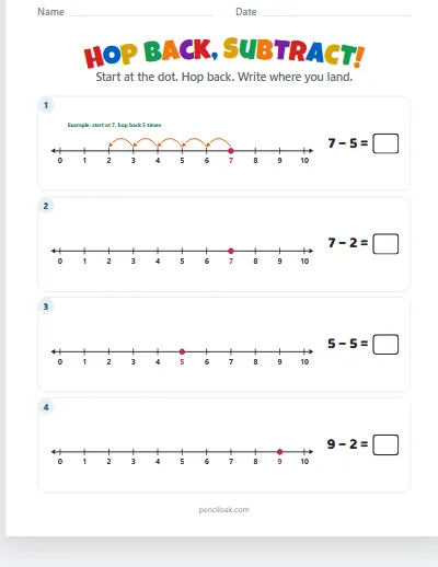 Hop back, subtract · Within 10 · 4 rows worksheet