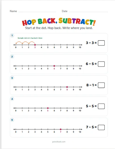 Hop back, subtract · Within 10 · 5 rows · set 2 worksheet