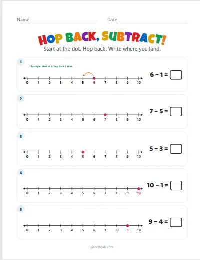 Hop back, subtract · Within 10 · 5 rows · set 3 worksheet