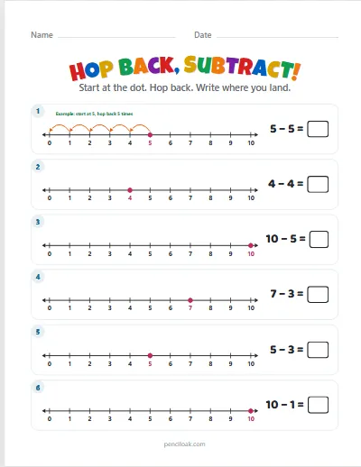 Hop back, subtract · Within 10 · 6 rows · set 2 worksheet
