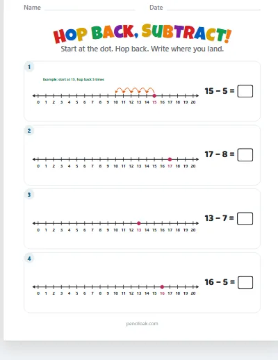 Hop back, subtract · Within 20 · 4 rows worksheet