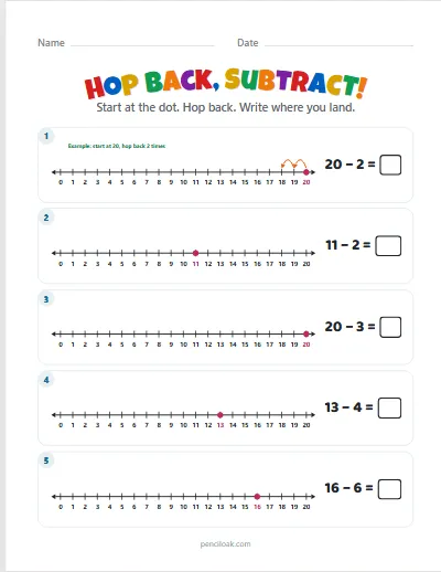 Hop back, subtract · Within 20 · 5 rows · set 2 worksheet