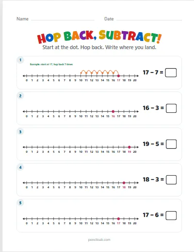 Hop back, subtract · Within 20 · 5 rows · set 3 worksheet