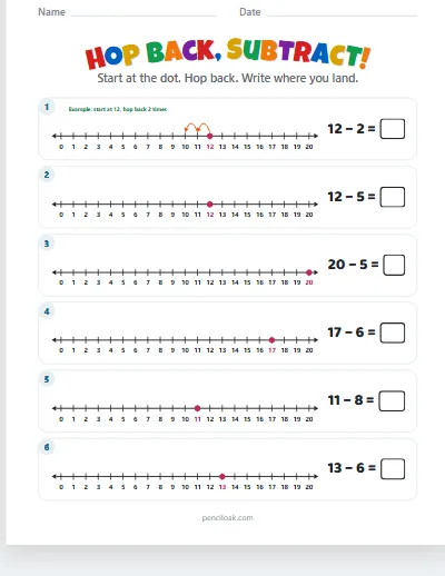 Hop back, subtract · Within 20 · 6 rows worksheet