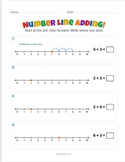 Number line adding · Sums to 10 · 4 rows · set 2 worksheet