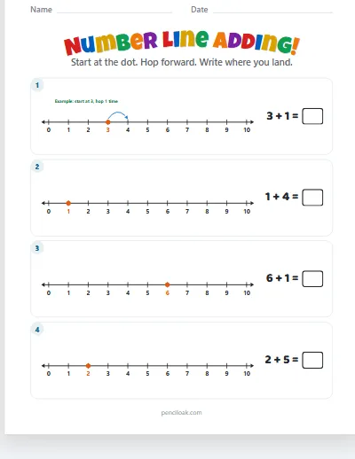 Number line adding · Sums to 10 · 4 rows worksheet