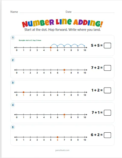 Number line adding · Sums to 10 · 5 rows · set 2 worksheet