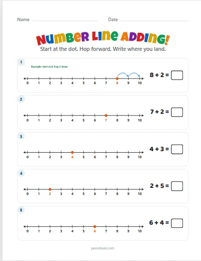 Number line adding · Sums to 10 · 5 rows · set 3 worksheet